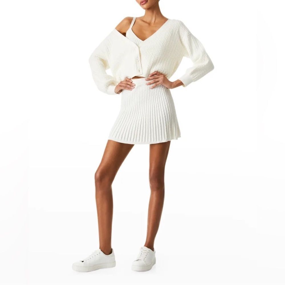 Alice + Olivia Baker Cable Knit Flare Mini Skirt in Soft White